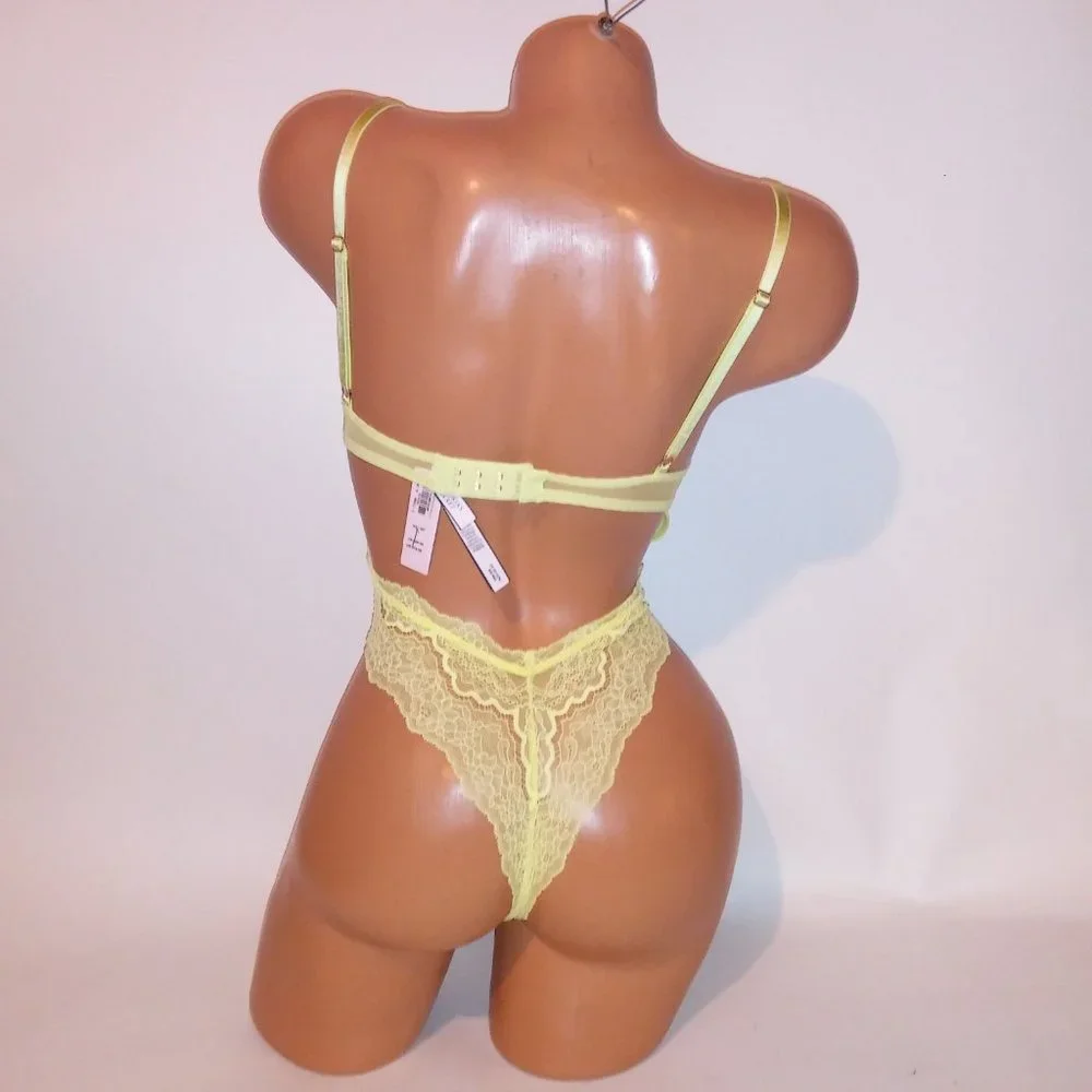 Victoria Secret Lingerie Teddy One Piece Bodysuit Yellow Wicked Lace Fairy Cotta - Picture 9 of 16